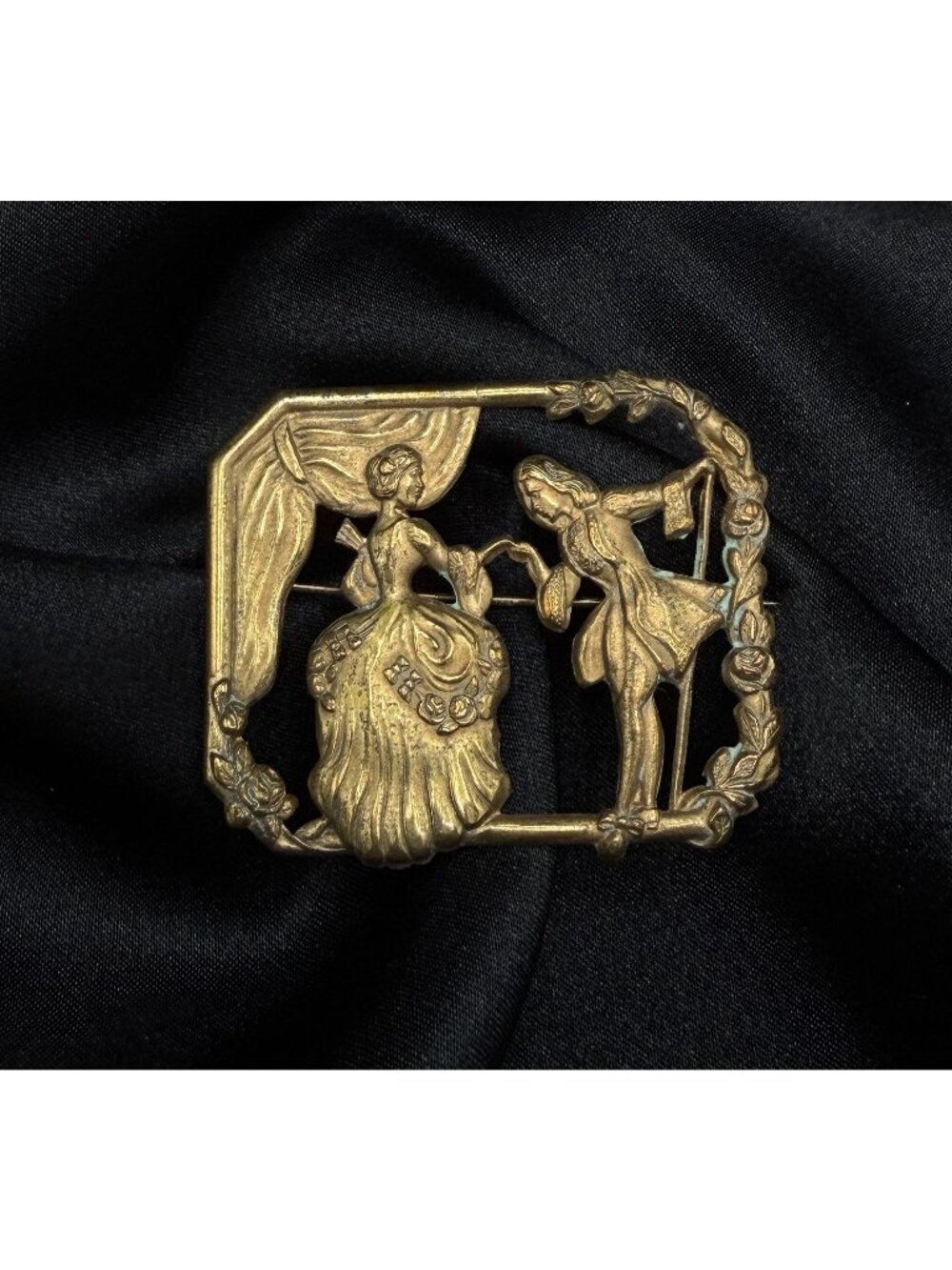 Rare Find Antique 19th Century Brass Brooch With Romantic Couple Design
